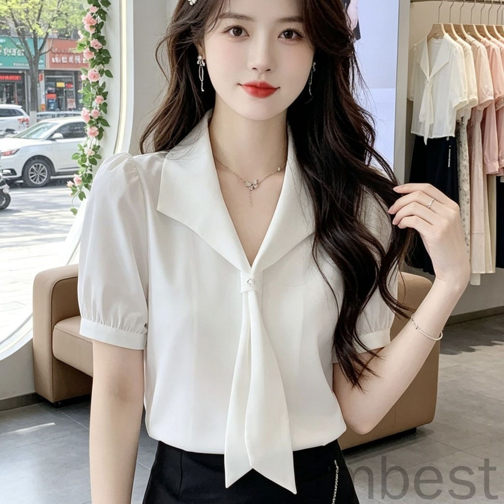 แฟชั่น ใหม่สไตล์ผู้หญิงสีฟ้าคอวีลําแสงเสื้อสัมภาษณ์มืออาชีพสวมใส่ด้านบนพร็อพเสื้อชีฟองสีขาวสีฟ้าสุภาพสตรีบนเสื้อผ้า