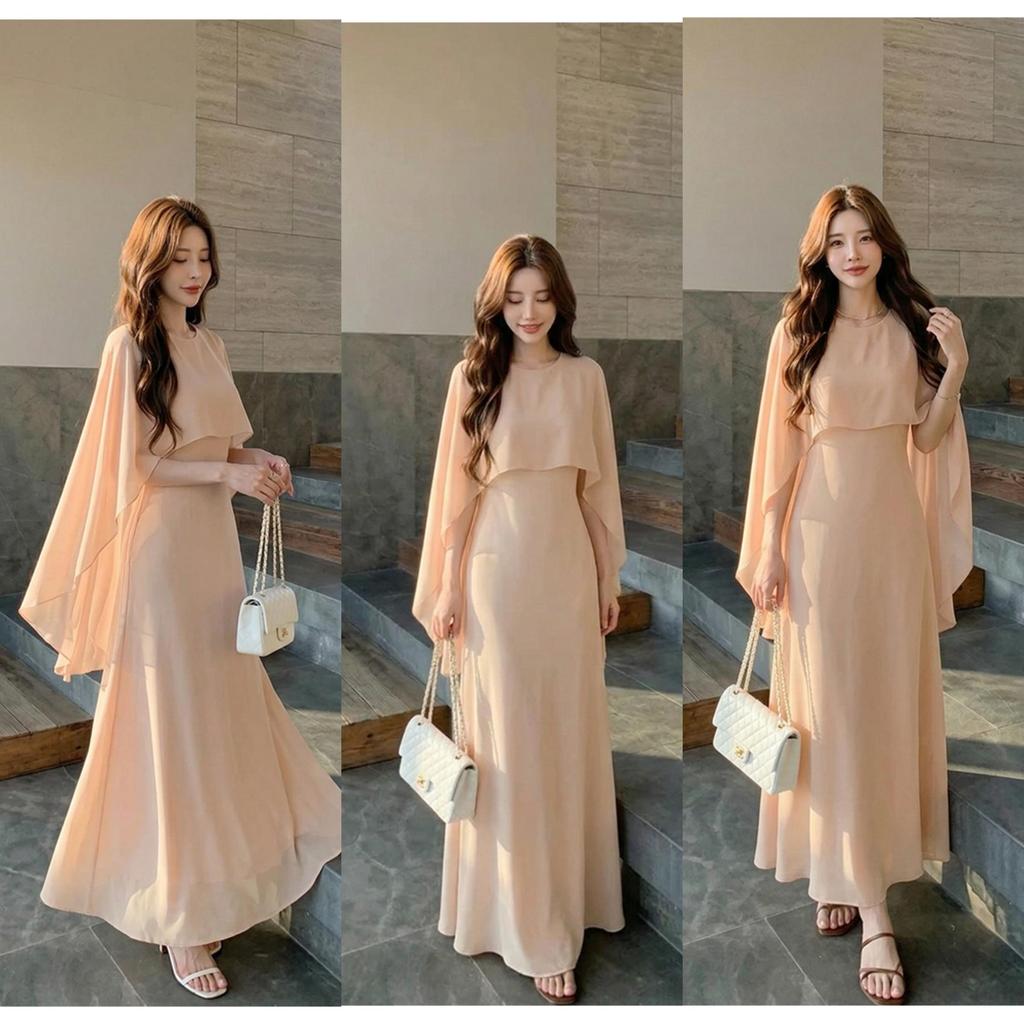 Chili Koko เดรสยาวผู้หญิง สไตล์เรียบหรู แขนชีฟองคลุมไหล่ ดีไซน์เอวเข้ารูป ผ้าทิ้งตัว ใส่ออกงาน/เดท ดูแพงมาก 99411