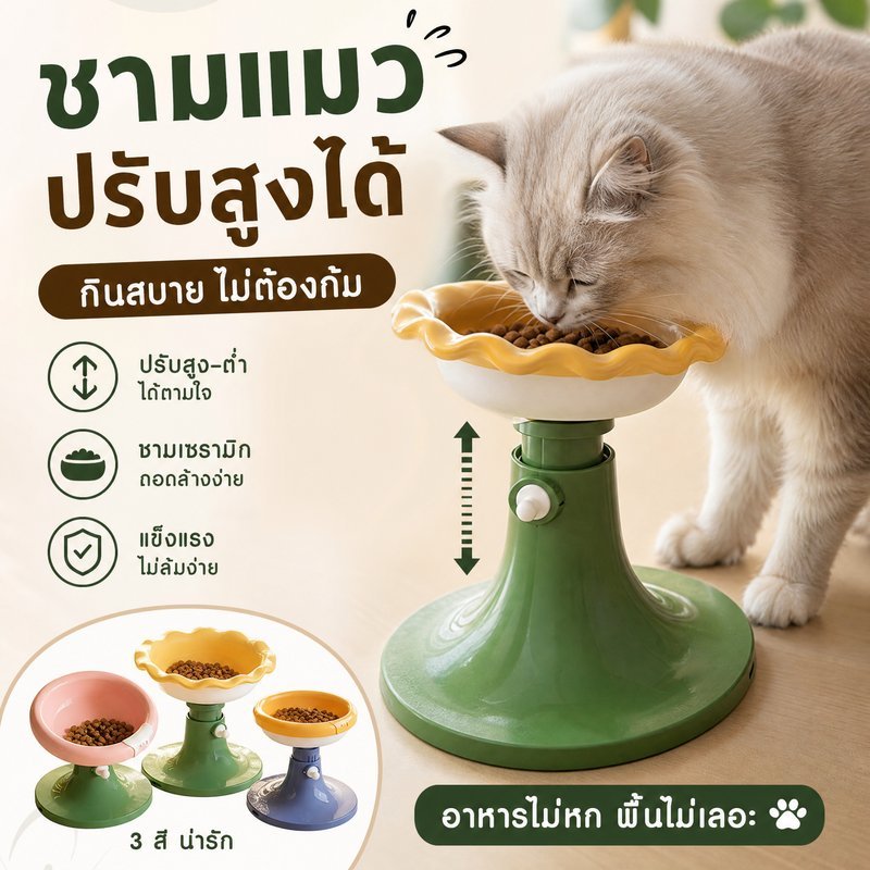 ชามอาหารแมว เซรามิก ยกสูง ปรับระดับ ชามคู่ ชามเดี่ยว กันคอเมื่อย ลายน่ารัก สำหรับแมว หมาเล็ก