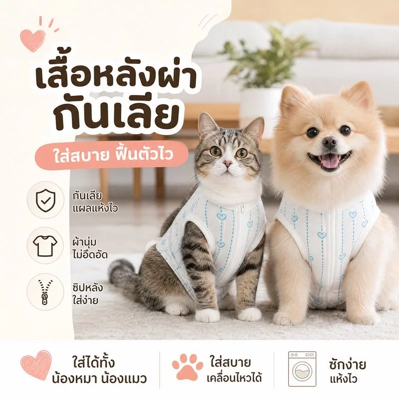 เสื้อหลังผ่าตัดแมว เสื้อทำหมันสุนัข เสื้อกันเลียแผล ผ้าคอตตอนนิ่ม ใส่ง่าย ตีนตุ๊กแก สัตว์เลี้ยง