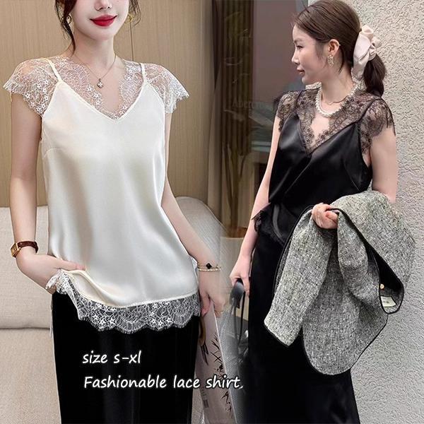 mimi&didi#เสื้อกล้ามคอวีผ้าซาตินลูกไม้สไตล์ฝรั่งเศสสำหรับผู้หญิง สีดำ เหมาะสำหรับสวมทับในฤดู เสื้อไม่มีแขน#99296