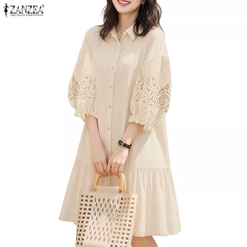 ZANZEA ชิลด์เดรสผู้หญิงสไตล์เกาหลี Gentle Chic กับดีไซน์คอหักระบายแบบ A-line และแขนยาว 3/4 มีรายละเอียดงานปักลายรูฟเฟิลและเนื้อลูกไม้เปิดระบาย