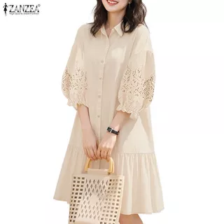 ZANZEA ชิลด์เดรสผู้หญิงสไตล์เกาหลี Gentle Chic กับดีไซน์คอหักระบายแบบ A-line และแขนยาว 3/4 มีรายละเอียดงานปักลายรูฟเฟิลและเนื้อลูกไม้เปิดระบาย