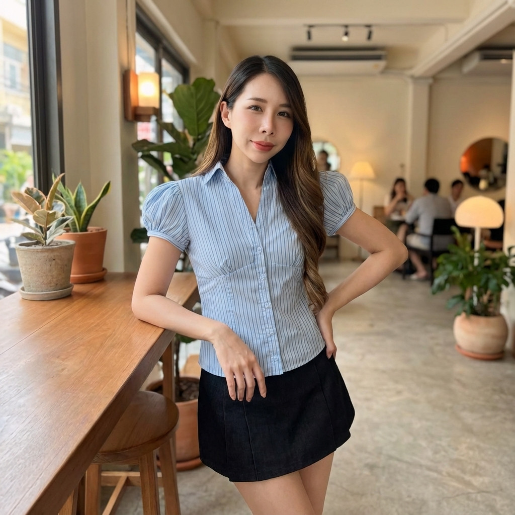 Bella Shop เสื้อรัดรูปสวยๆ เสื้อเชิ้ตแขนสั้นลายทางเซ็กซี่ การออกแบบแบบจีบ สไตล์อเมริกัน