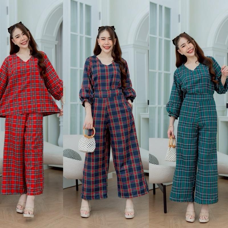 C008 ชุดเซทคอวี แขนบอลลูน ผ้าคอตตอนทอ ขา 9 ส่วน