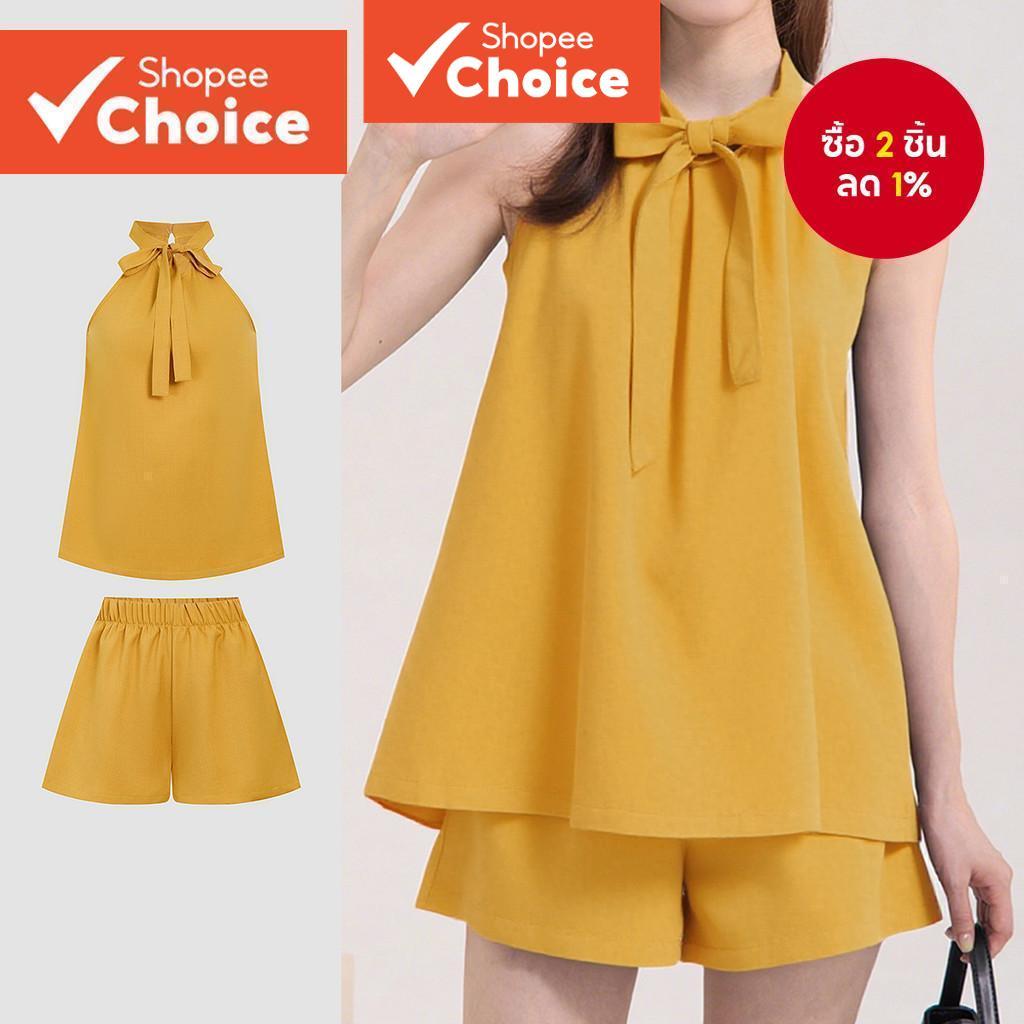 Lovito เสื้อผู้หญิงฤดูร้อนคอเชือกแขวนคอพร้อมสายผูกด้านหน้าและชายกระโปรงทรงเอ/กางเกงขาสั้นผู้หญิงลําล