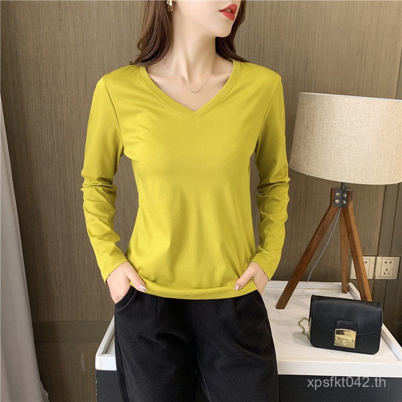 80 Tops Mercerized Cotton สีขาวฤดูใบไม้ร่วง Bottoming เสื้อ V คอผู้หญิงสองด้านด้านใน Match All-Match