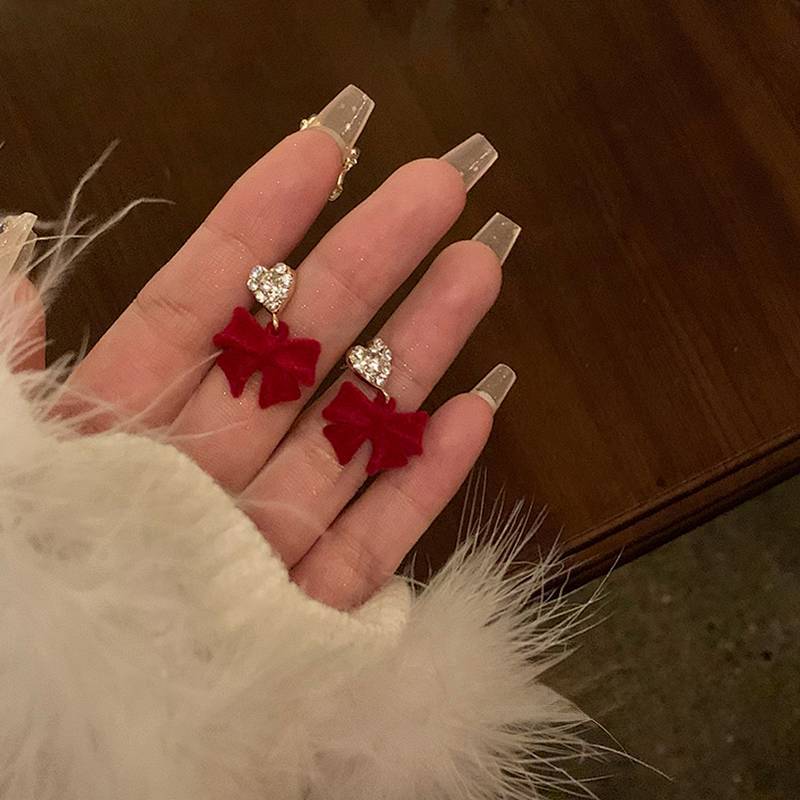 Winter Earrings Red New Year Velvet Bow Earrings Special-Interest Design Ear Studs Red Earrings tT0B