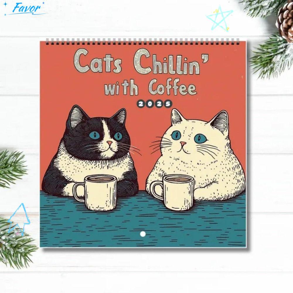 FAVOR 2025 ปฏิทินกระดาษหนา Family Planner Cat Cafe ปฏิทิน, Creative 12 รายเดือน Handmade Desktop ปฏิ