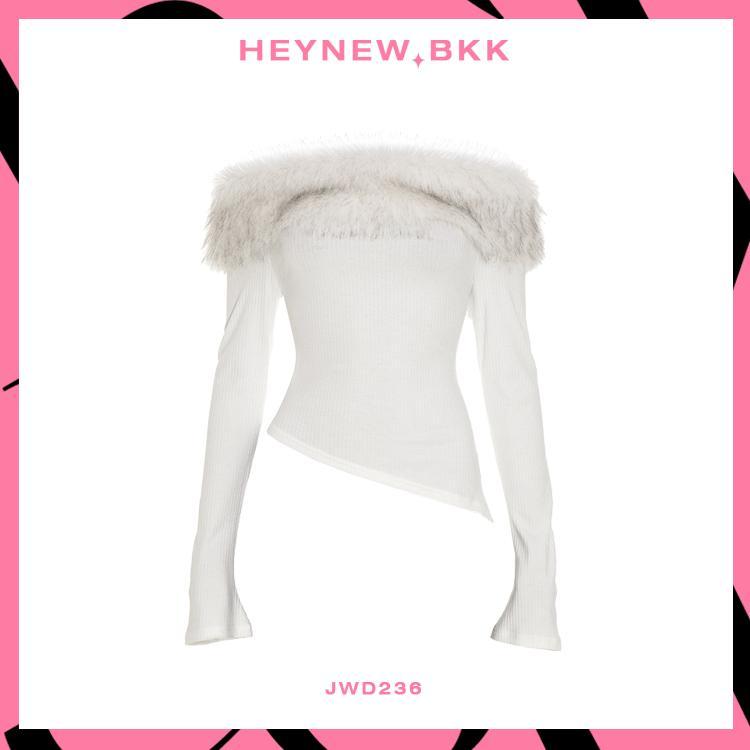 เสื้อพรมหนังแกะแขนยาวปิดไหล่ทรงไม่สมมาตรสำหรับผู้หญิง สไตล์cropped สีขาว เหมาะสำหรับฤดูใบไม้ร่วง - รูปที่ 4