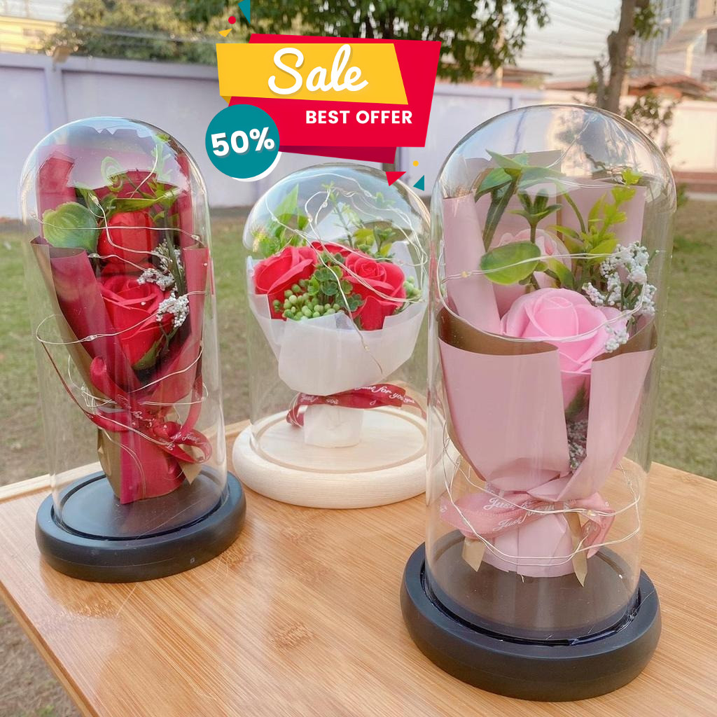 กุหลาบ ในโหลแก้ว มีไฟ ดอกกุหลาบ กุหลาบสบู่ ของขวัญวาเลนไทน์ กุหลาบตั้งโต๊ะ กุหลาบวาเลนไทน์ ของขวัญ