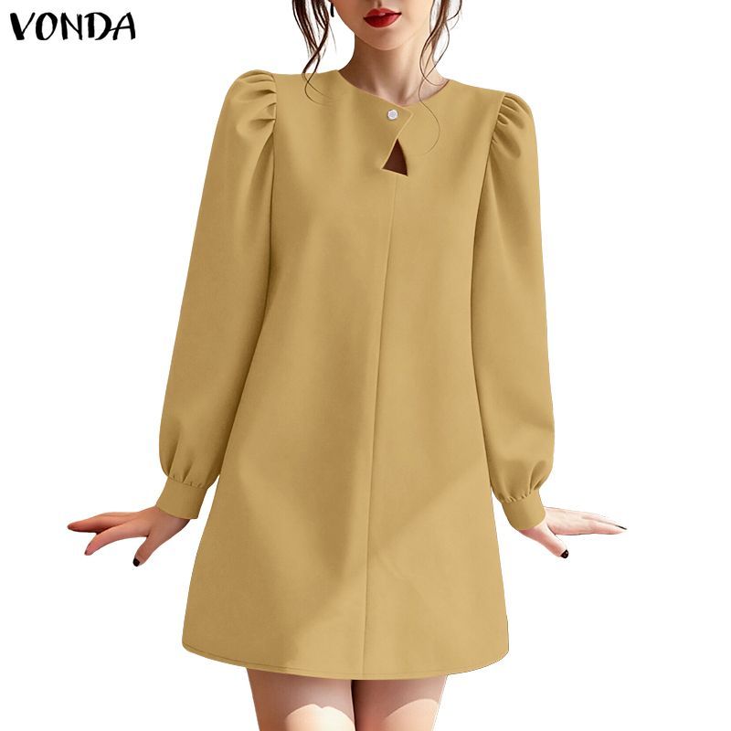 VONDA ผู้หญิงเกาหลี Elegant Party ลูกเรือคอพัฟแขนปุ่ม עיצוב กระโปรง-mini A-line สไตล์เรียบหรูสำหรับงาน.party