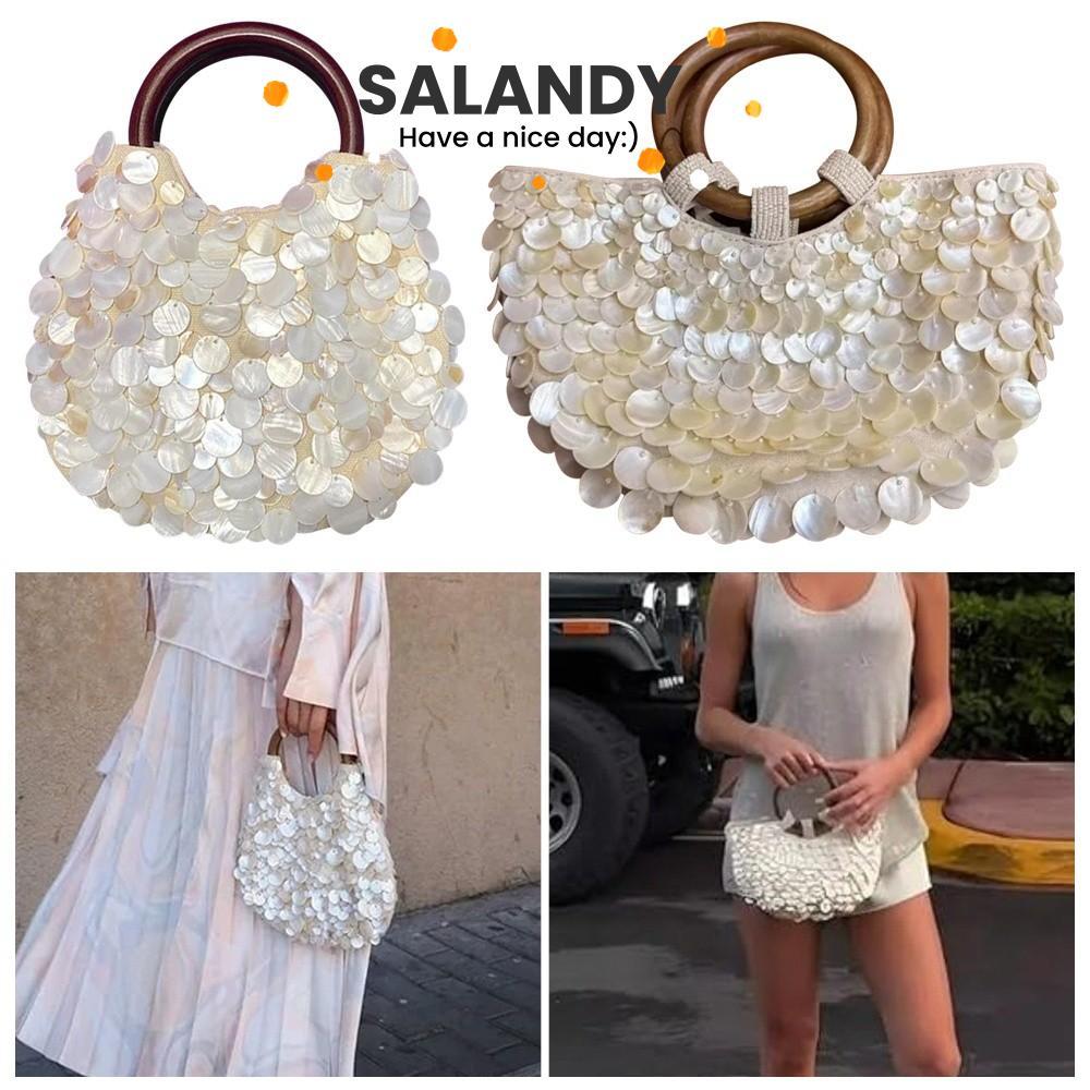 SALANDY กระเป๋าลูกปัดนางฟ้า​​, เปลือกแต่ง​​ กระเป๋าสะพายผ้าทอแฮนด์เมด​​, สไตล์นางเงือก​​ ​​ความจุขนาดใหญ่ ​ขนาดกระทัดรัด​​ ​​กระเป๋าคลัทช์เปลือกหอย​​ ​​ออกนอกบ้านในฤดูร้อน​​