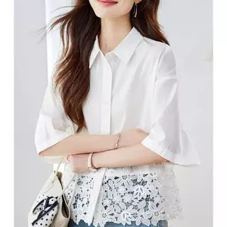 Dode 99408#เสื้อเชิ้ตแขนสั้นสำหรับผู้หญิง คอลเล็กชั่นฤดูร้อนปี 2026 สีขาว สไตล์ฝรั่งเศส ตกแต่งด้วยลูกไม้แบบปะติดปะต่อ