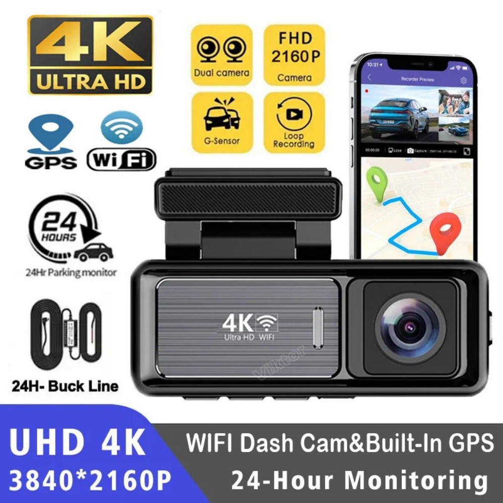 Buiil-in GPSair3.2 นิ้ว WiFi Dashcam 4K ด้านหน้า & 2K ด้านหลัง Dual Channel Recorder รองรับที่จอดรถ 