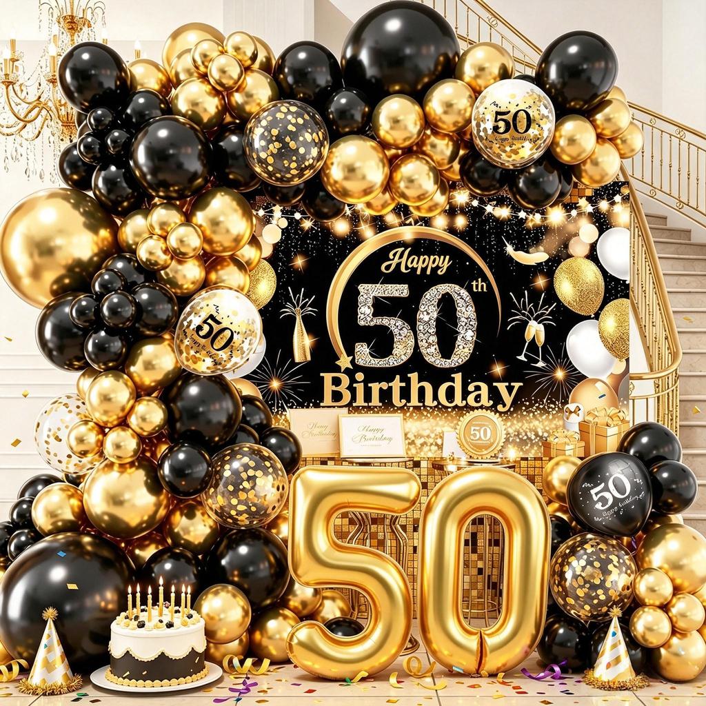 84PCS 50th Birthday Party ตกแต่งบอลลูนสีดําทอง Arch 32 นิ้ว Golden Number และ 50th Confetti บอลลูนสํ