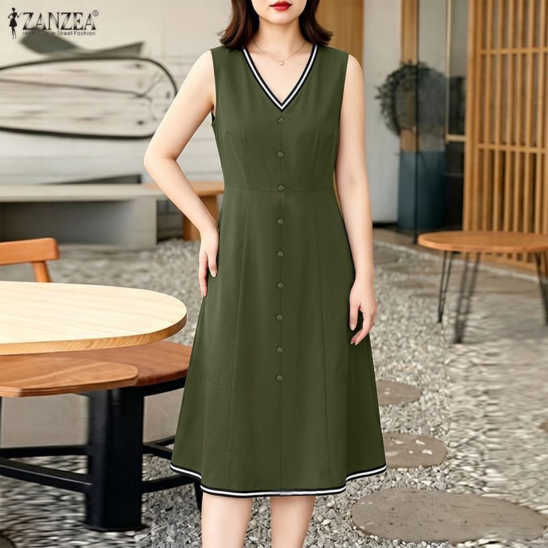 ZANZEA ผู้หญิงเกาหลี Elegant Lady V คอ Single-Breasted Contrast Edge Midi A-Line เดรสสายเดี่ยว — صورة 3