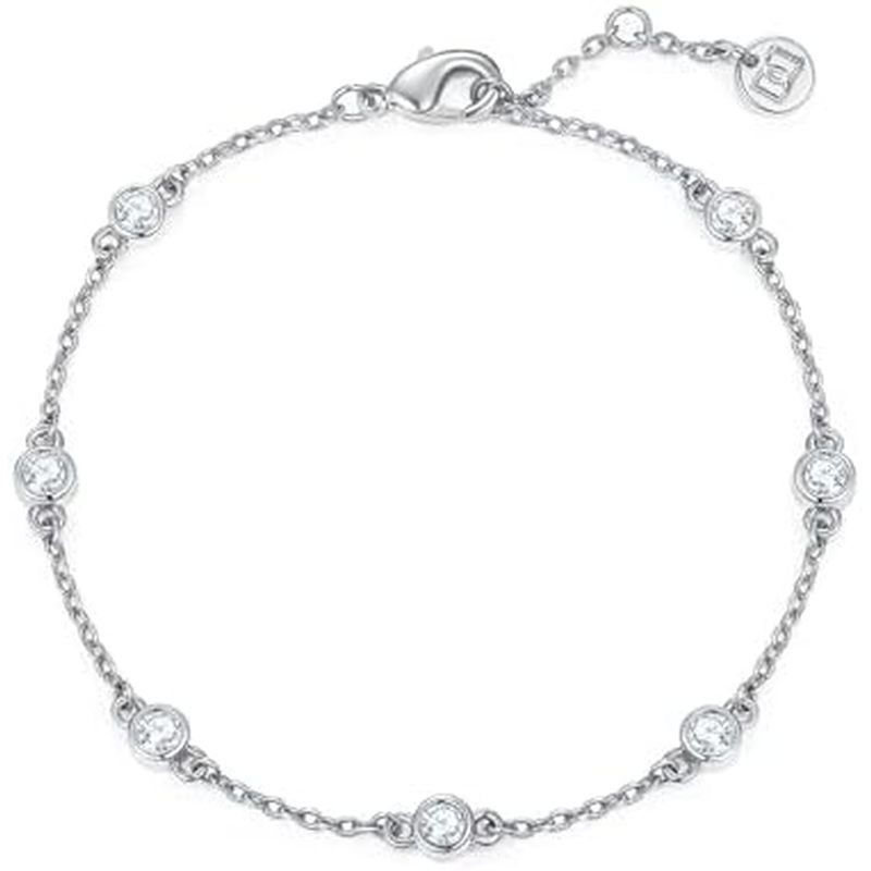 MINDDHA 14K/White Plated Cubic Zirconia จําลองเพชร Pearl Station Infinity Chain สร้อยข้อมือสําหรับผู