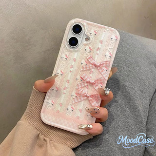 เคสไอโฟน 17 สำหรับ IPhone 14 15 12 16 11 Pro Max 7 8 16 15 14 Plus หวานสวัสดีคิตตี้โบว์ปมลูกไม้ตัดแต่งฝาครอบ IMD ใหม่