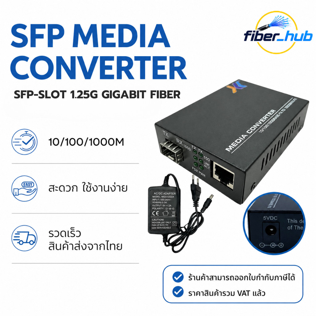 SFP Media Converter SFP-Slot 1.25G Gigabit ตัวแปลงไฟเบอร์เป็นแลน 10/100/1000Mbps