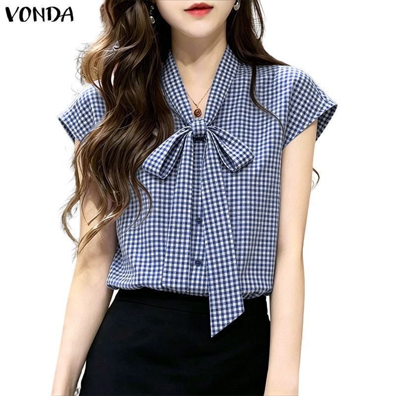Vonda ผู้หญิงเกาหลีสไตล์ลําลองทอ Bowknot Collar ปุ่มแขนสั้นหลวม H-Line เสื้อ