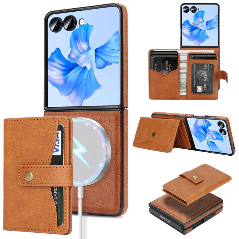 เคสกระเป๋าสตางค์แบบถอดได้ที่รองรับ MagSafe สําหรับ Samsung Galaxy Z Flip 7/6/5/4/3, ที่ใส่บัตรหนัง PU กันกระแทกฝาครอบโทรศัพท์ป้องกัน