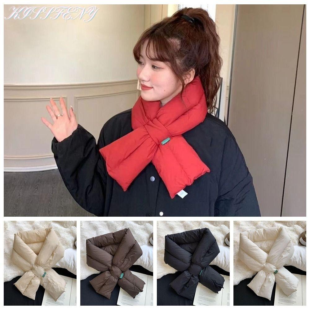 KISSFENY Down Cotton Scarf, PP Cotton Anti Cold Scarf, Fashion Thicken Keep Warm Cross Feather Shawl