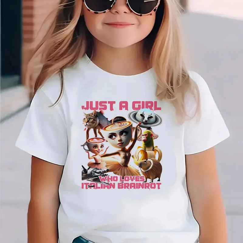 2026Kids เสื้อยืดอิตาลี Brainrot พิมพ์แฟชั่นเสื้อลําลอง Rond คอเด็กหญิงการ์ตูน Tees ฤดูร้อนเด็กทารก 