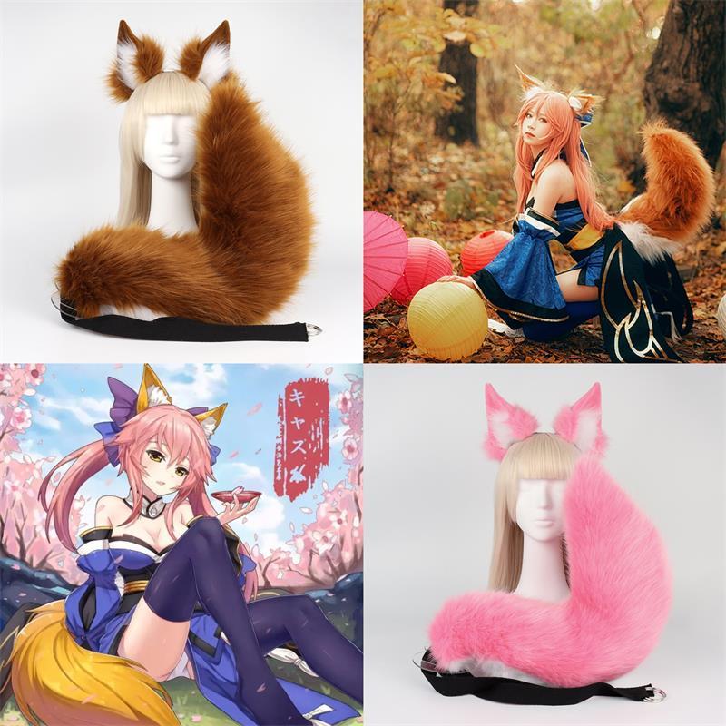 ชุดคอสเพลย์ plush แบบTamamoจากFGOและFoxจากGenshin Impact ประกอบด้วยหู หาง และแถบคาดศีรษะ