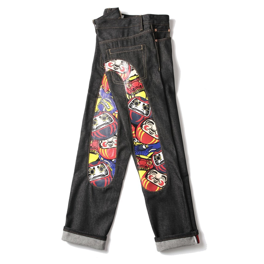 EVISU 2022Autumn New Trendy Brand Tumbler Large M Printed Original Color Straight-Leg Trimmed Jeans
