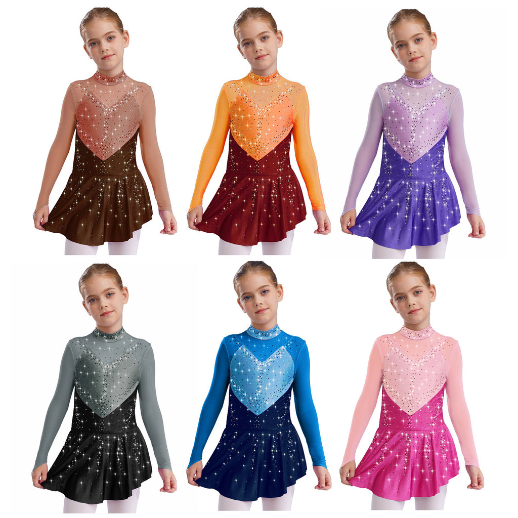 Yeahdor เด็กสาวรูปสเก็ตชุดเต้นรําจําลองคอยาวแขนยาวบล็อกสี Sheer ตาข่าย Patchwork Shiny Rhinestones ชุด