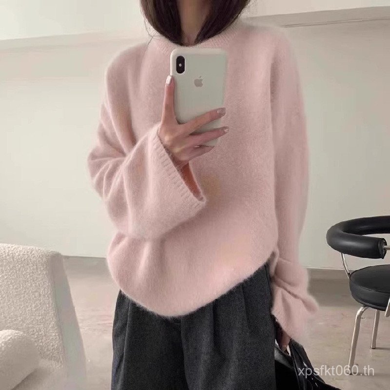 ฤดูใบไม้ร่วงฤดูหนาวสไตล์ขี้เกียจ Top High-End เสื้อกันหนาวนมรอบคอนุ่ม Waxy เลียนแบบ Mink ขนแกะเสื้อก