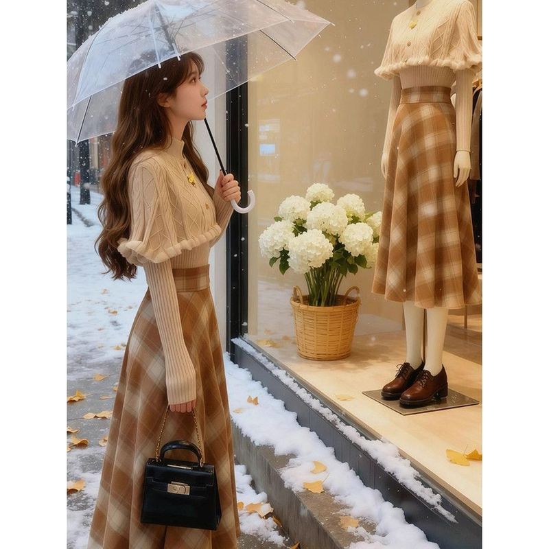 พลัสขนาดผู้หญิงฤดูใบไม้ร่วงฤดูหนาวเสื้อกันหนาวสไตล์ใหม่เสื้อคลุมคาร์ดิแกน+ถักเสื้อ จุดต่ําสุด + เอวสูงตรวจสอบกระโปรงชุดสูทสามชิ้น - รูปที่ 4