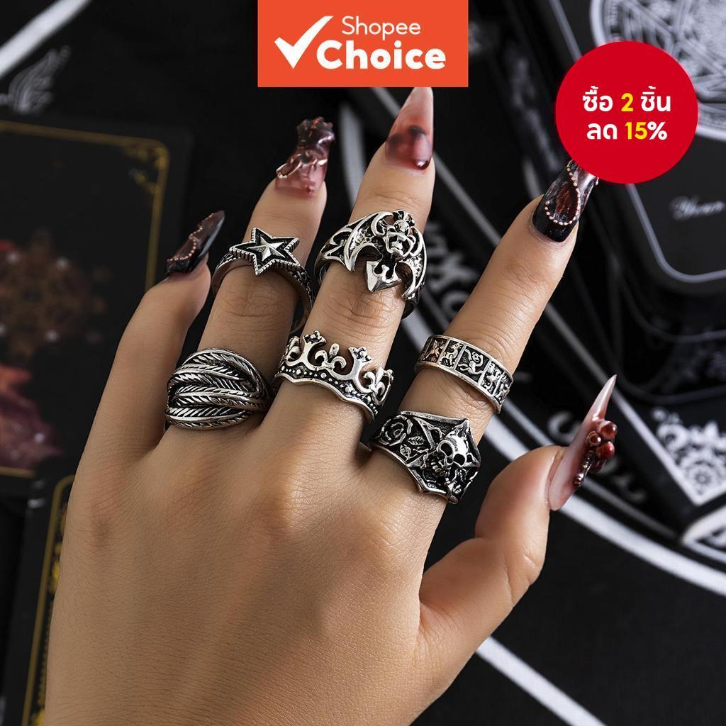 6 ชิ้น Vintage Viking Skull Finger แหวนชุดผู้หญิง/ผู้ชายอินเทรนด์ Cool Boy Girl Street ทุกวันอุปกรณ์เสริม