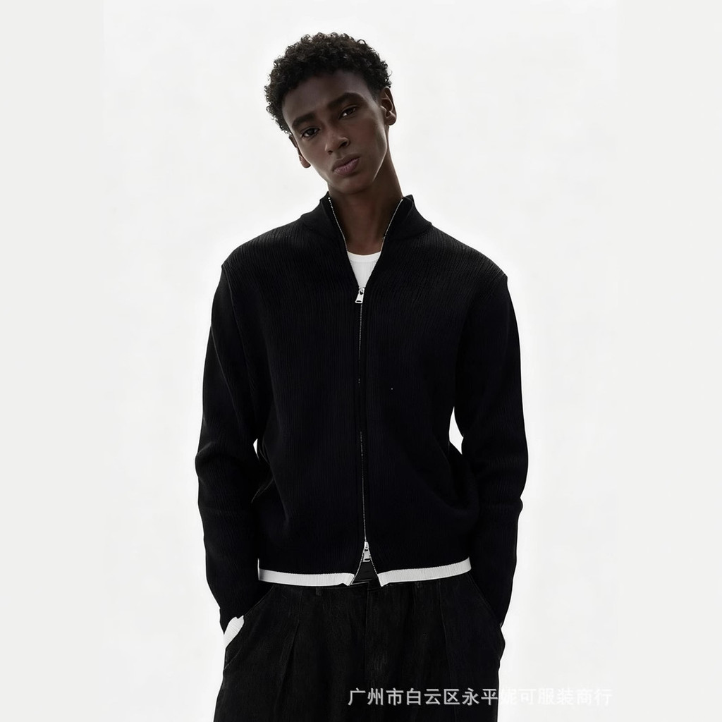 7RZH cleanfit Stand Collar Color Block Knitted Cardigan for Women, European and American High Street