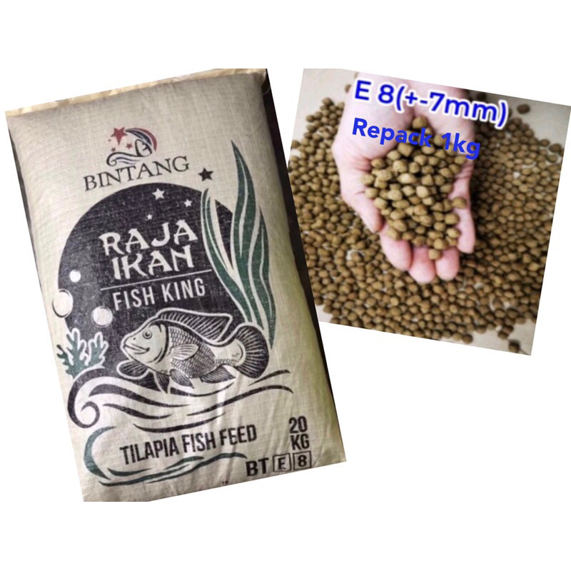 CAP BINTANG E8 อาหารปลารําปลา Tilapia Puyu BT E8 โปรตีนพาเลทปลา 18% Repack 1กก.