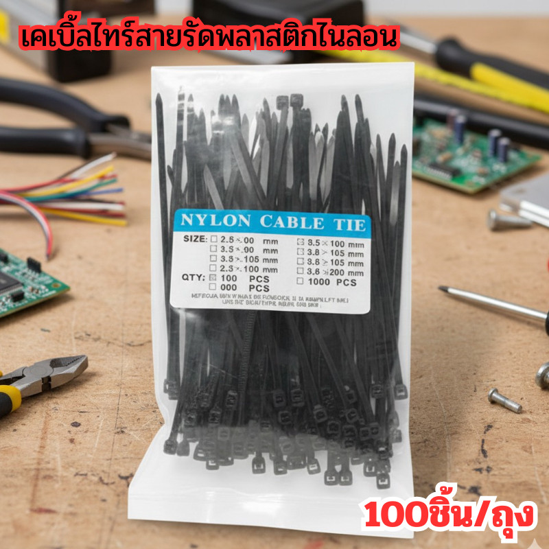 100 เส้น เคเบิ้ลไทร์ ( ขนาด 2.5x100 mm ) สายรัดพลาสติกไนล่อน(Nylon Plastic Cable Ties Zip Tie Lock)