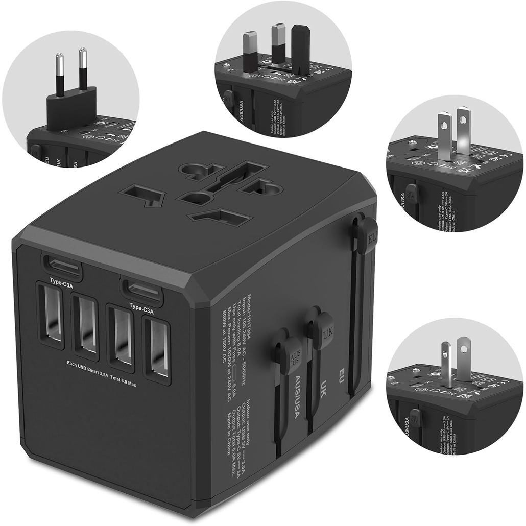 Universal Travel Adapter, 6-Port 6.0A 30W International Power Adapter พร้อม 4 USB-A, 2 พอร์ต USB-C &