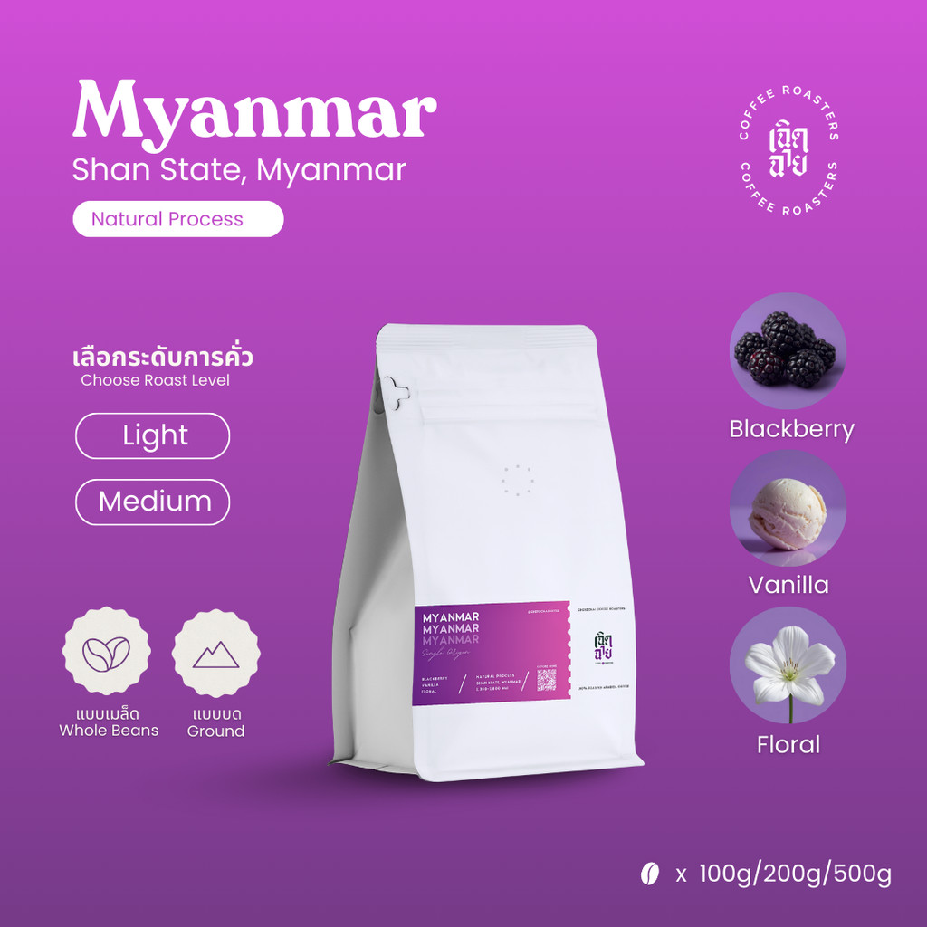 เมล็ดกาแฟ Myanmar Natural process เมล็ดกาแฟคั่วอาราบิก้า  Cherdchai Coffee Roasters