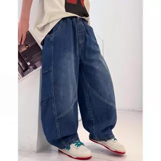 กางเกงยีนส์เด็กชายทรงแบ็กกี้ ขากว้าง ทรงหลวม เท่สายสตรีท Oversize สไตล์เกาหลี กางเกงยีนส์เด็กชายขาบานแนวฮิปฮอป WT12