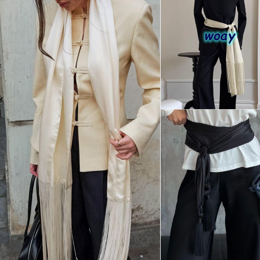WOAY พู่ผ้าพันคอ, ขอบขอบ Soft Fringed ผ้าคลุมไหล่, Y2K Streetwear Breathable ผู้หญิงอุปกรณ์เสริม Oversize ผ้าคลุมไหล่กางเกงยีนส์ตกแต่ง