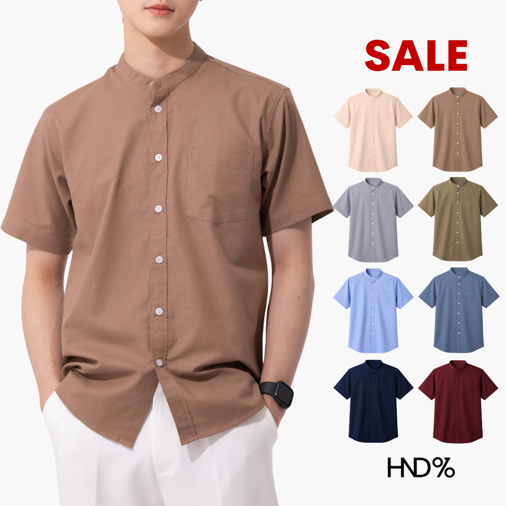 HND% Clearance [M-6XL] เสื้อเชิ้ตคอจีนแขนสั้นผ้าOXFORD รุ่นBRAVE เสื้อเชิ้ตผู้ชาย สีพื้น - ทรงตรงไม่