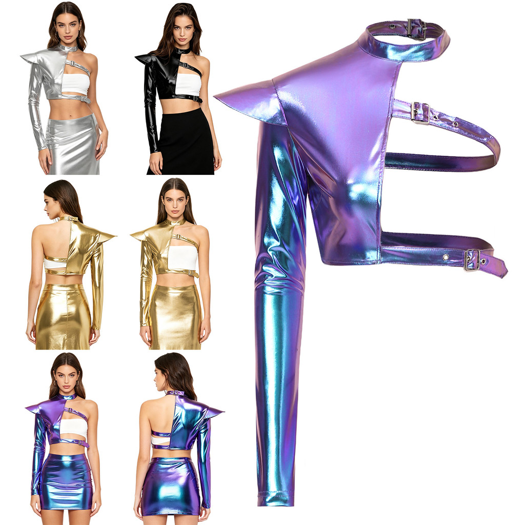 Yeahdor ผู้หญิงเมทัลลิคเงาหนึ่งไหล่ Crop Top แขนยาวโครงสร้าง Epaulet ปรับหัวเข็มขัดไม่สมมาตร Top Clubwear
