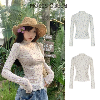 MOSESQUEEN มอสส์ ราชินี ครึ่งแขนเสื้อยืดแขนยาวลายดอกไม้กึ่งโปร่งใสแบบบางเหมาะกับฤดูร้อนเป็นชั้นในหรือเป็นชั้นฐานสําหรับกระชับสัดส่วน #63624