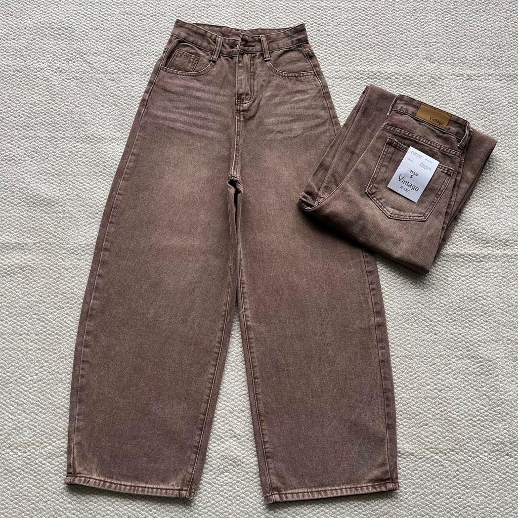 กางเกงยีนส์ทรงบาเรล สีน้ำตาลแต่งเฟด เอวสูงทรงสวย ผ้าไม่ยืด ป้ายvintage #8132