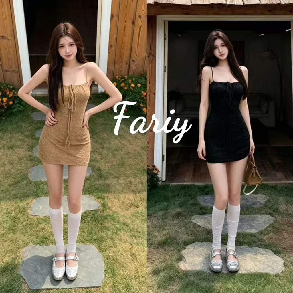 Fariy🍒คลังสินค้าพร้อม🍒เดรสสั้นสไตล์เรโทรสำหรับวันหยุดพักผ่อน กระโปรงสั้นทรงเอไลน์สีกากีสำหรับผู้หญิงในฤดูร้อน ดีไซน์เรียบหรูและเซ็กซี่
