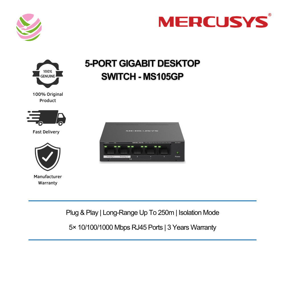 Mercusys 5-Port Gigabit Desktop Switch พร้อม 4-Port PoE+ - MS105GP