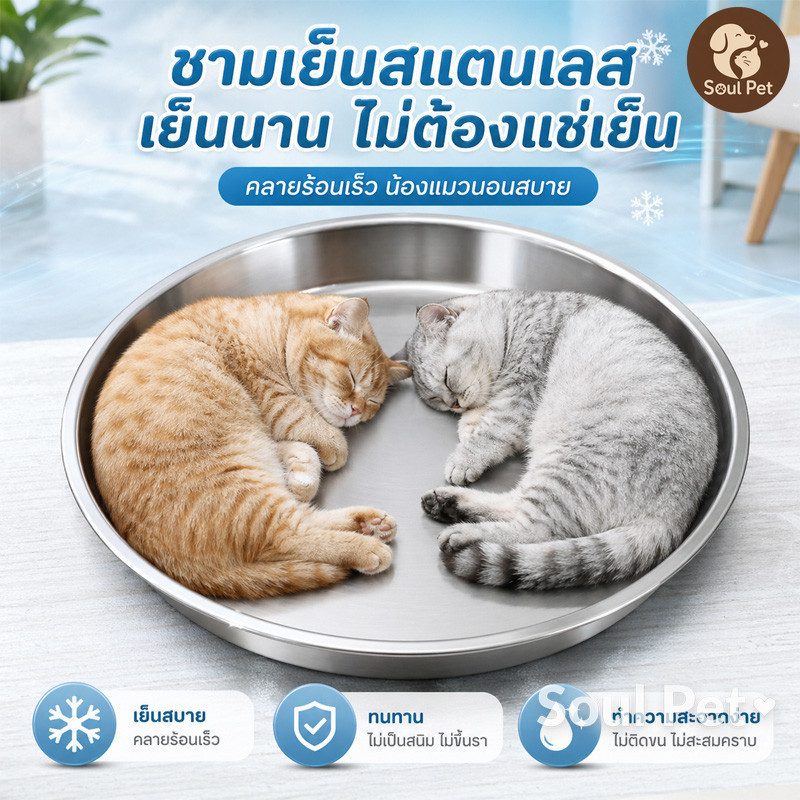 ที่นอนเย็นสัตว์เลี้ยง กระทะเย็นแมว ถาดเย็นแมว วัสดุสแตนเลส 304 การลดอุณหภูมิทางกายภาพ สบาย สุขภาพ