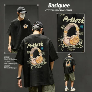 Basi💥เสื้อผู้ชาย เสื้อยืด oversize เสื้อฟอก วินเทจ สตรีท เกรดพรีเมียม เสื้อคอตตอน ไม่หดตัว ใส่สบาย ลาย "HEADPHONES"