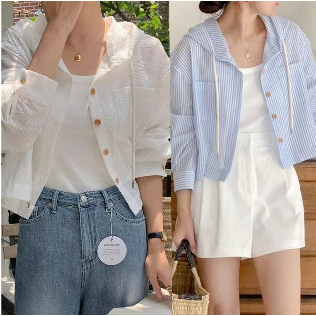 เสื้อเชิ้ตคลุมด้วยผ้ากันแดดแขนยาวลายทางบางตัดกันหลวมสไตล์เกาหลีสำหรับผู้หญิง